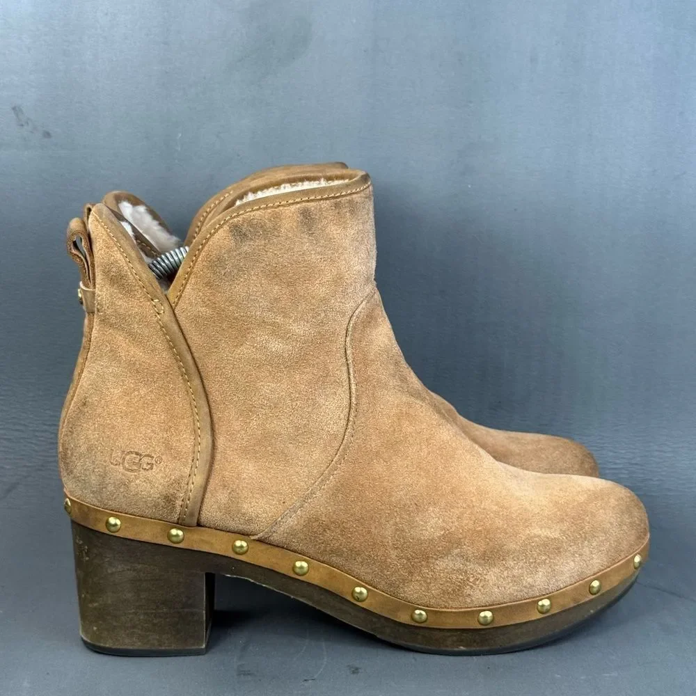 UGG Cam II Suede Sheepskin Clog Heel Ankle Booties Chestnut womens size 10